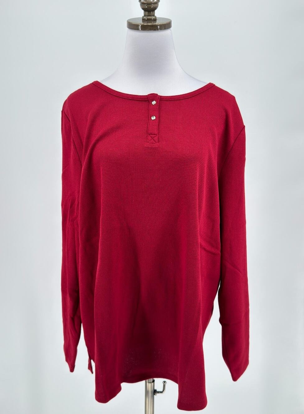 Quacker Factory Cherry Red Waffle Knit Long Sleeve Henley Shirt Sz 2X NEW
